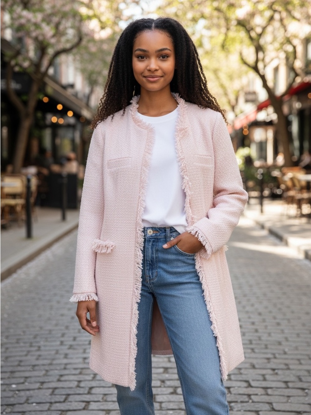 VENUS Light Pink Bouclé Fringe Jacket